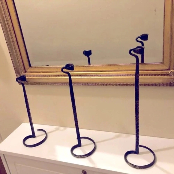 Vintage Hand Forged Wrought Iron Candle stick Holders In Style of Lance